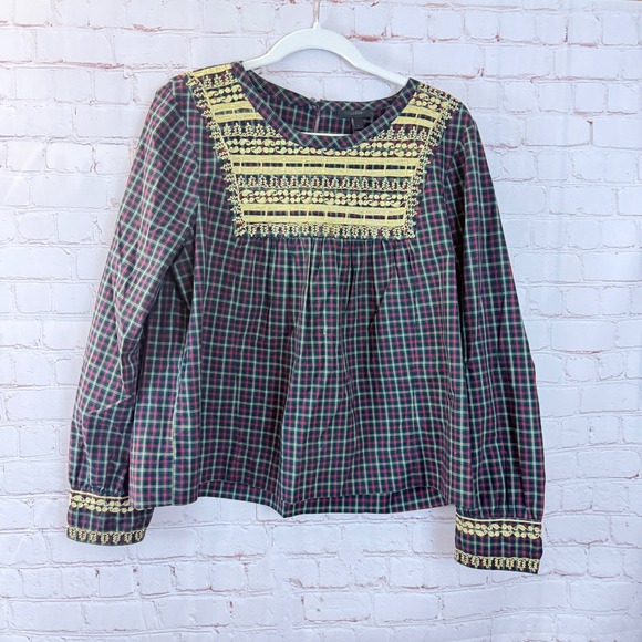 J. Crew Tops - J. Crew Plaid Top Embroidered Long Sleeve Blouse Cotton L